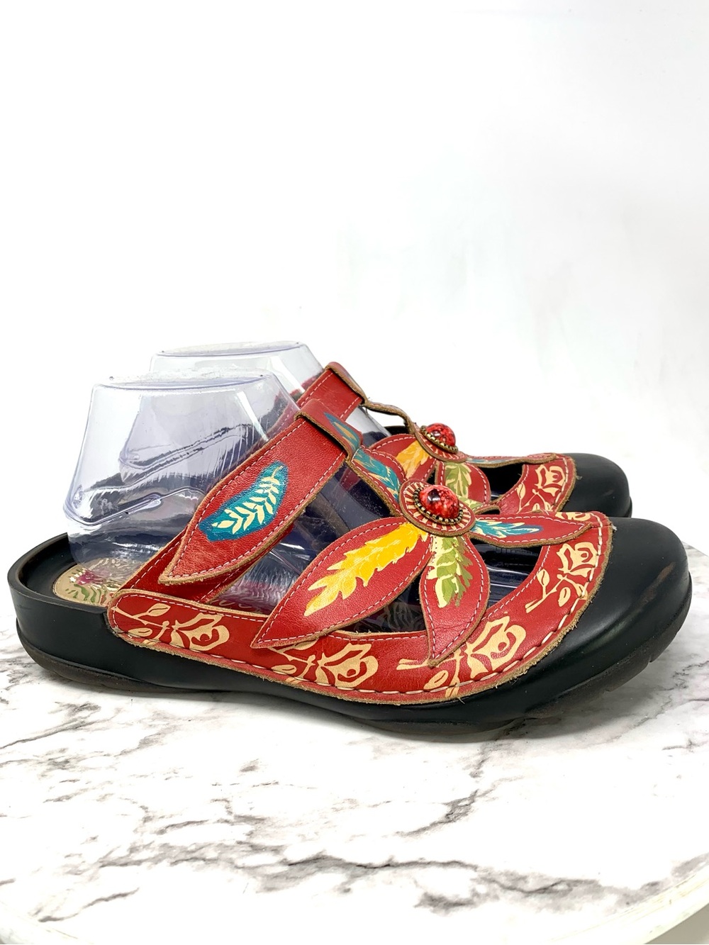 Elite By Corkys Coastal Red Leather Painted Floral Jewel Comfort Mules 11 Artsy